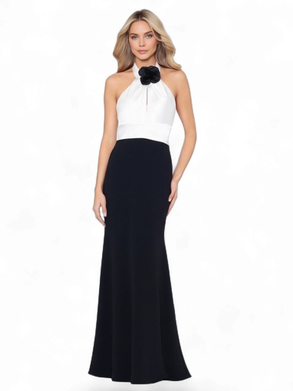 Betsy & Adam Black White Halter Rosette Cocktail Party Gala Maxi Dress NEW